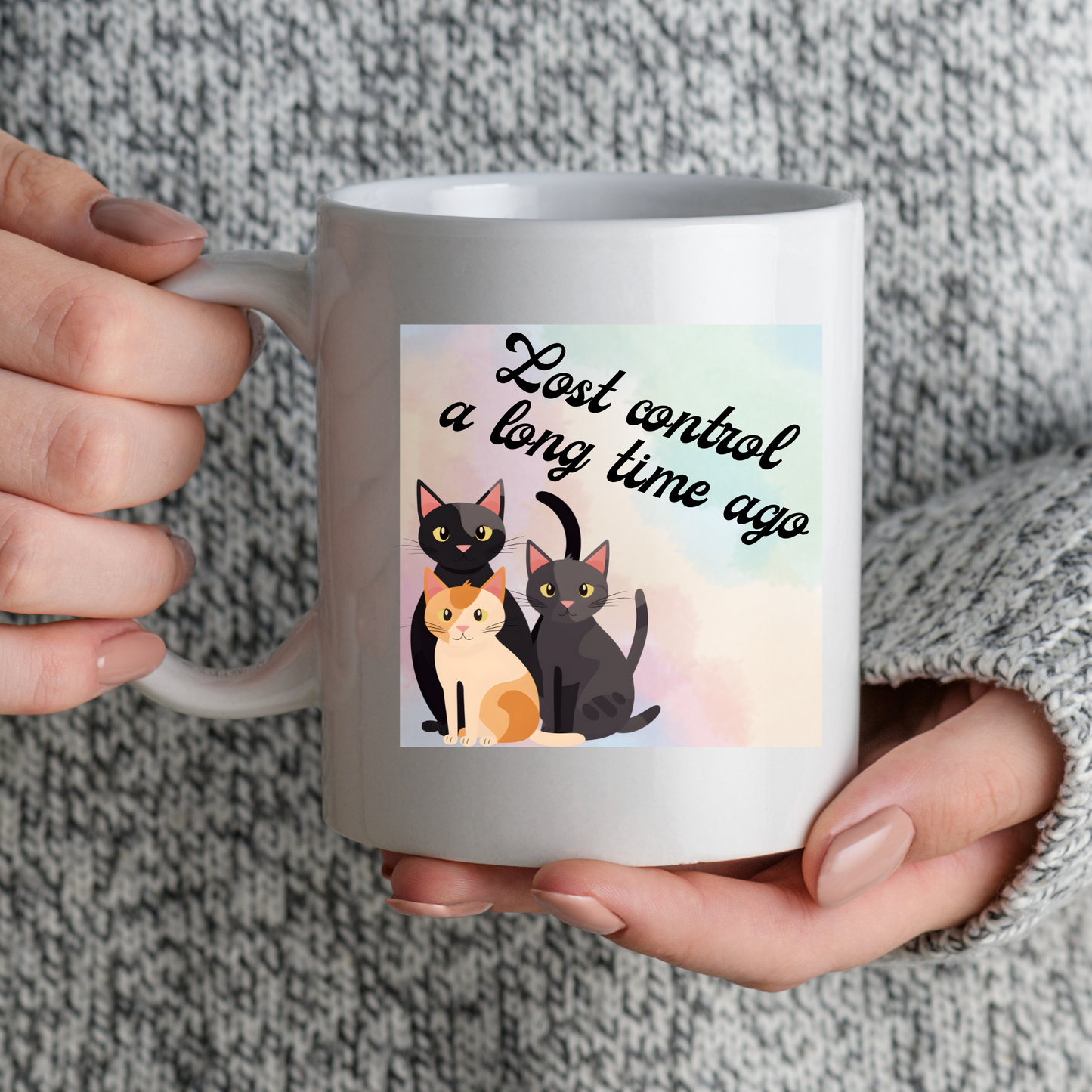 Crazy-For-Cats "Lost Control A Long Time Ago" Coffee Mug With Cute Kitties Design, Cat Lady Christmas BirthdayGift, Ceramic, 15oz