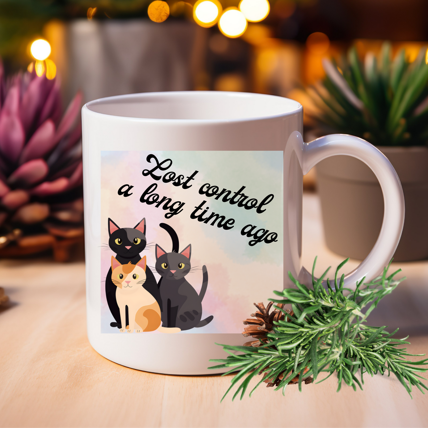 Crazy-For-Cats "Lost Control A Long Time Ago" Coffee Mug With Cute Kitties Design, Cat Lady Christmas BirthdayGift, Ceramic, 15oz