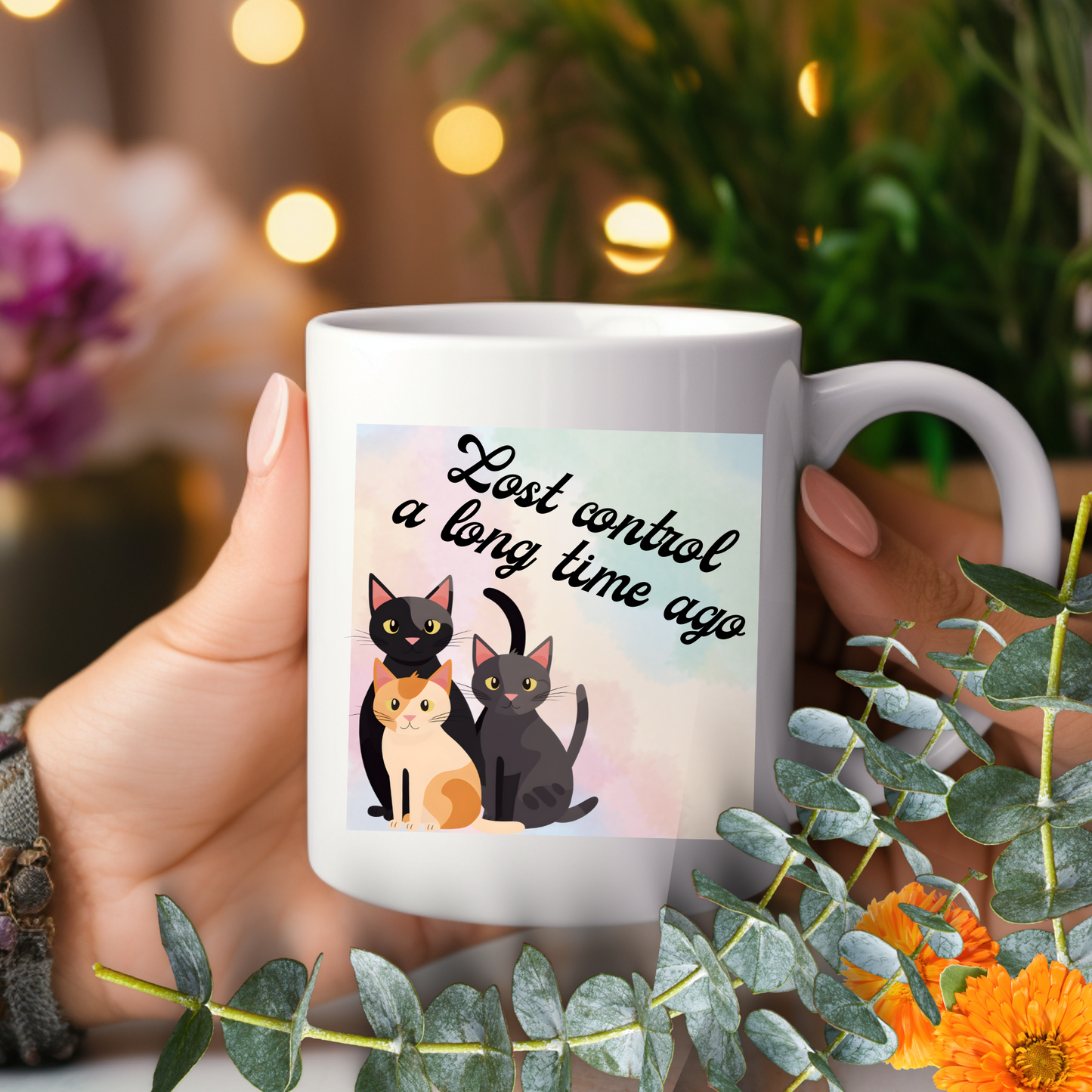 Crazy-For-Cats "Lost Control A Long Time Ago" Coffee Mug With Cute Kitties Design, Cat Lady Christmas BirthdayGift, Ceramic, 15oz