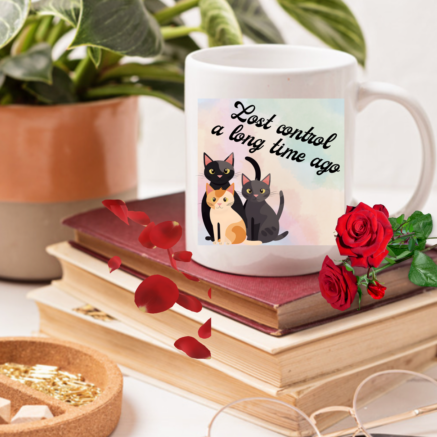 Crazy-For-Cats "Lost Control A Long Time Ago" Coffee Mug With Cute Kitties Design, Cat Lady Christmas BirthdayGift, Ceramic, 15oz