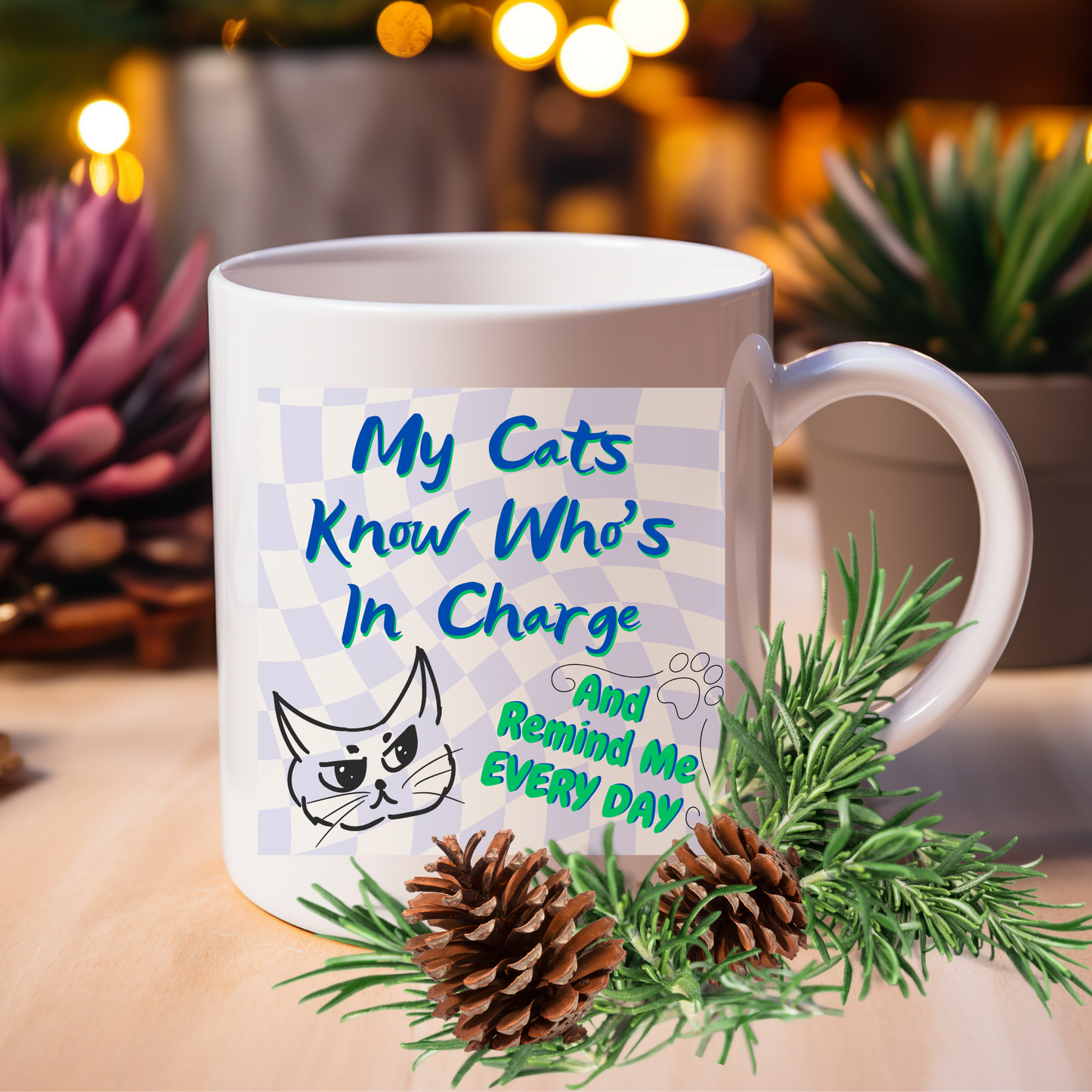 Supersized CatLover Mug with Humorous "My Cats Know Who's In Charge And Remind Me Every Day" Slogan, Cat Lady Mom Gift, White Ceramic, 15oz