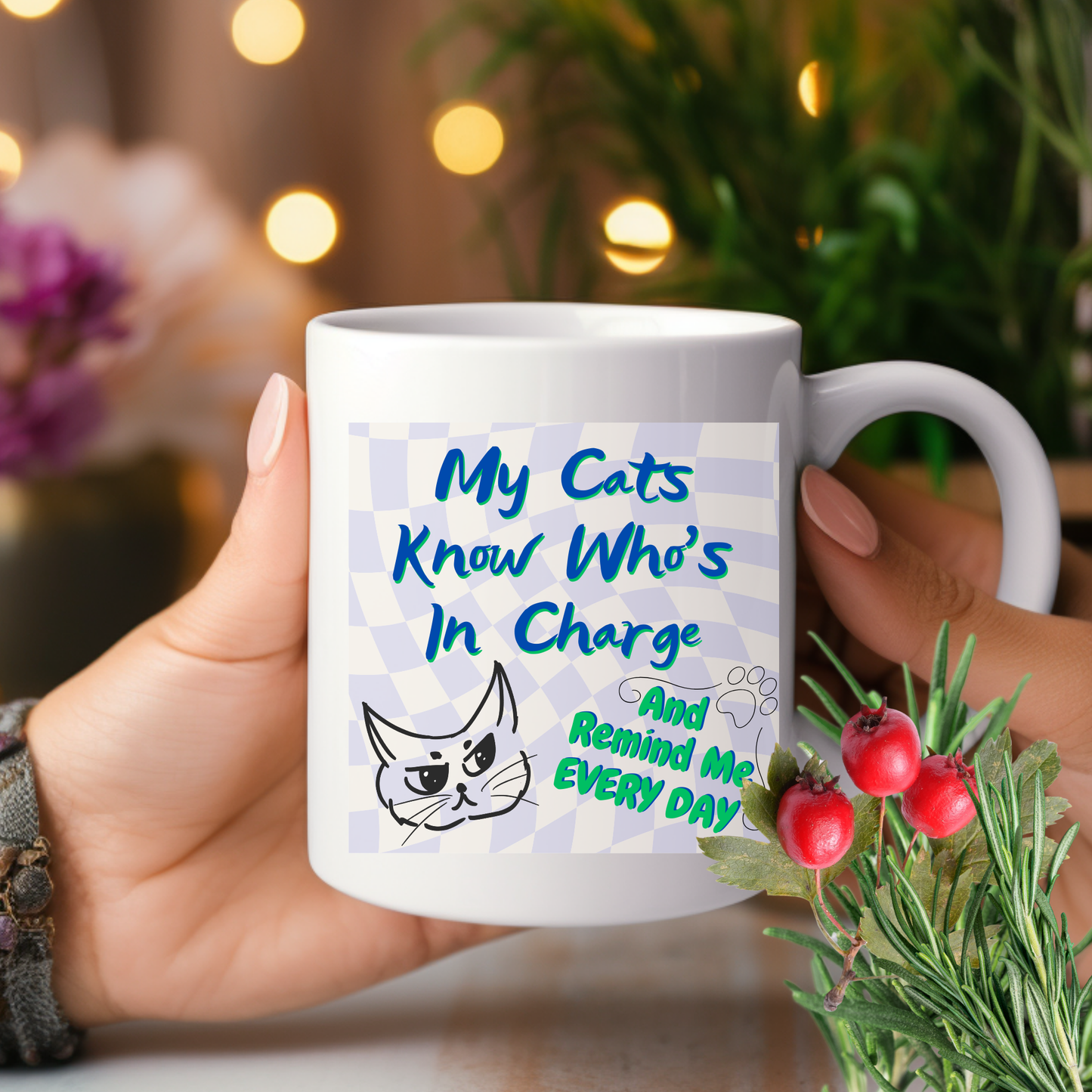 Supersized CatLover Mug with Humorous "My Cats Know Who's In Charge And Remind Me Every Day" Slogan, Cat Lady Mom Gift, White Ceramic, 15oz