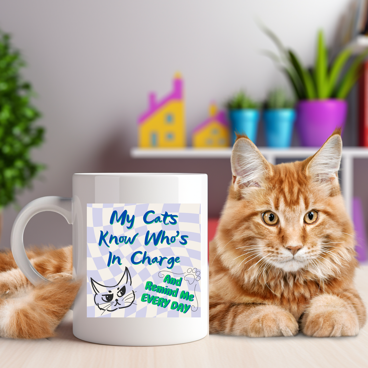 Supersized CatLover Mug with Humorous "My Cats Know Who's In Charge And Remind Me Every Day" Slogan, Cat Lady Mom Gift, White Ceramic, 15oz