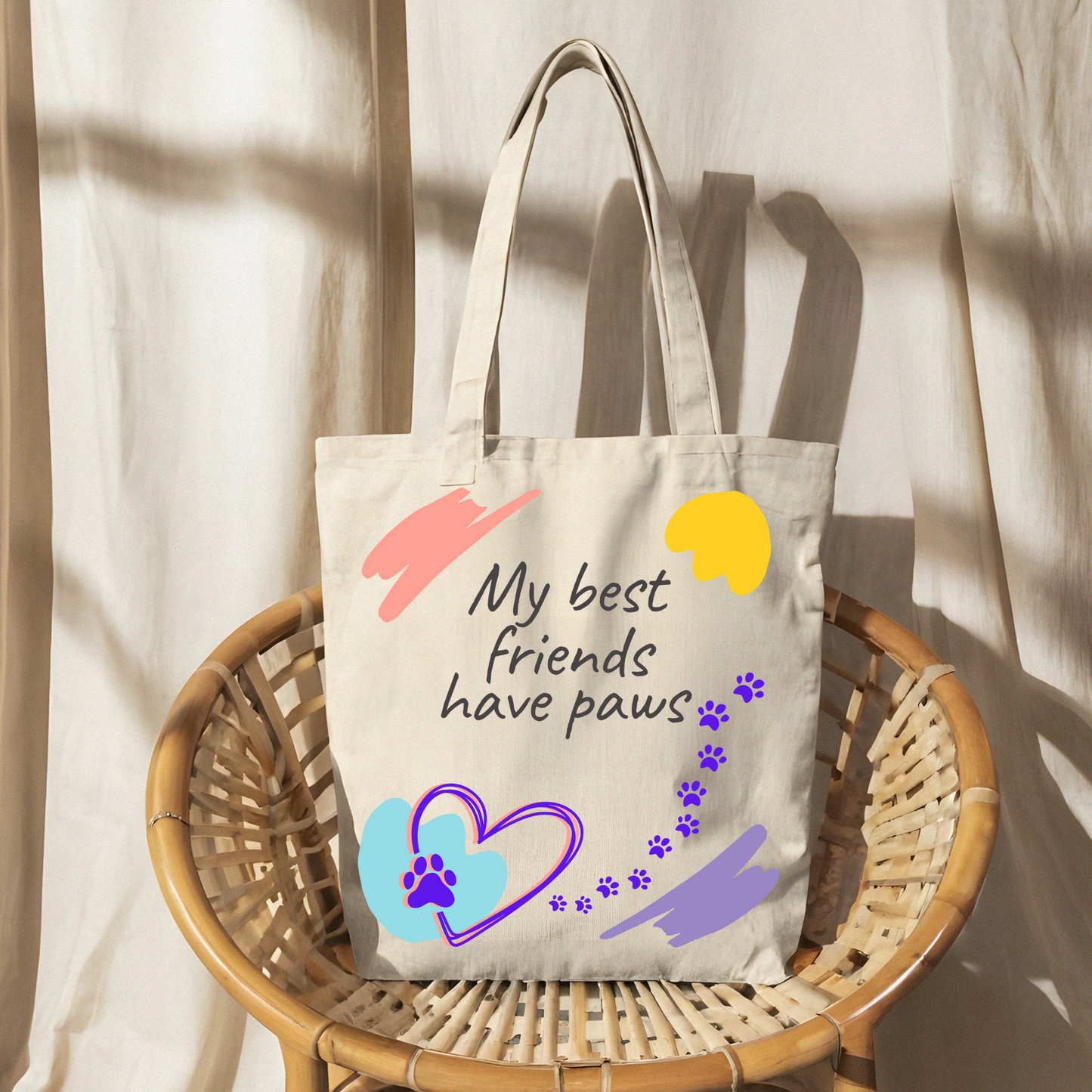 CatLady Tote with Whimsical "My Best Friends Have Paws" Design, Pretty, Practical Canvas Bag, Dog Mom Cat Lover Gift