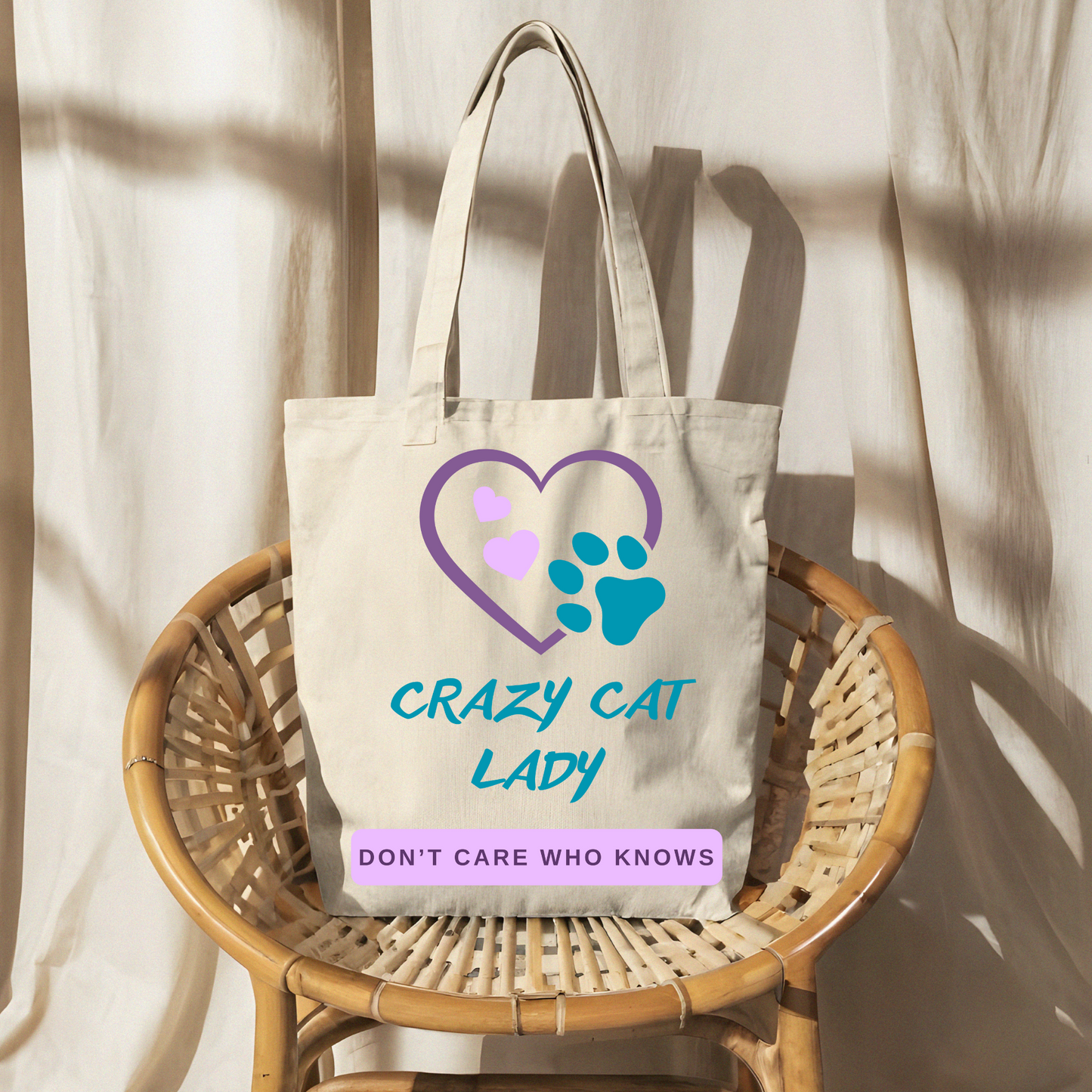 CatLady Tote with Fun "Crazy Cat Lady-Don't Care Who Knows" Slogan, Hearts and Pawprint Design, Cat Lover Mom Gift