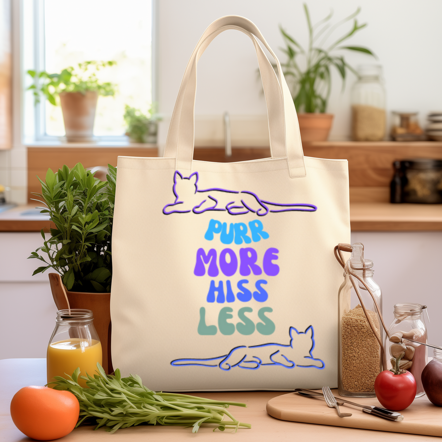 CatLady Tote with Simple "Purr More Hiss Less" Design, Reusable Cotton Canvas, Fun Cat Lover Pet Lover Gift