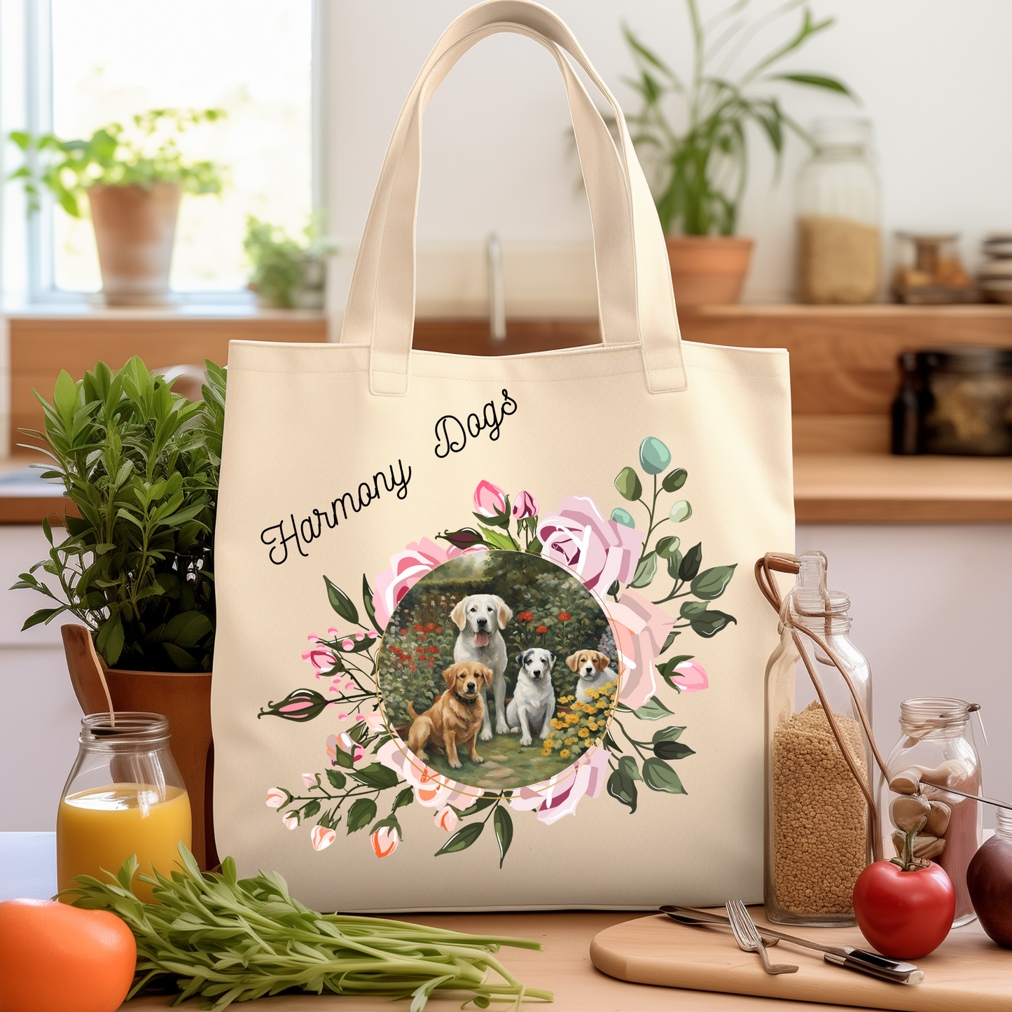 Dog Mom Tote with Fun "Harmony Dogs" Floral Design, Practical & Pretty Reusable Canvas Bag, Dog Lover Mom Gift