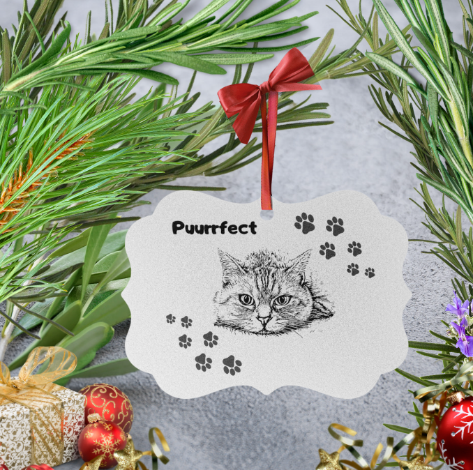 Aluminum "Puurrfect" Cat Lover Ornament, Simple Cat and Pawprints Design, Cat Lady Mom Gift, Single or Set of 5, 10
