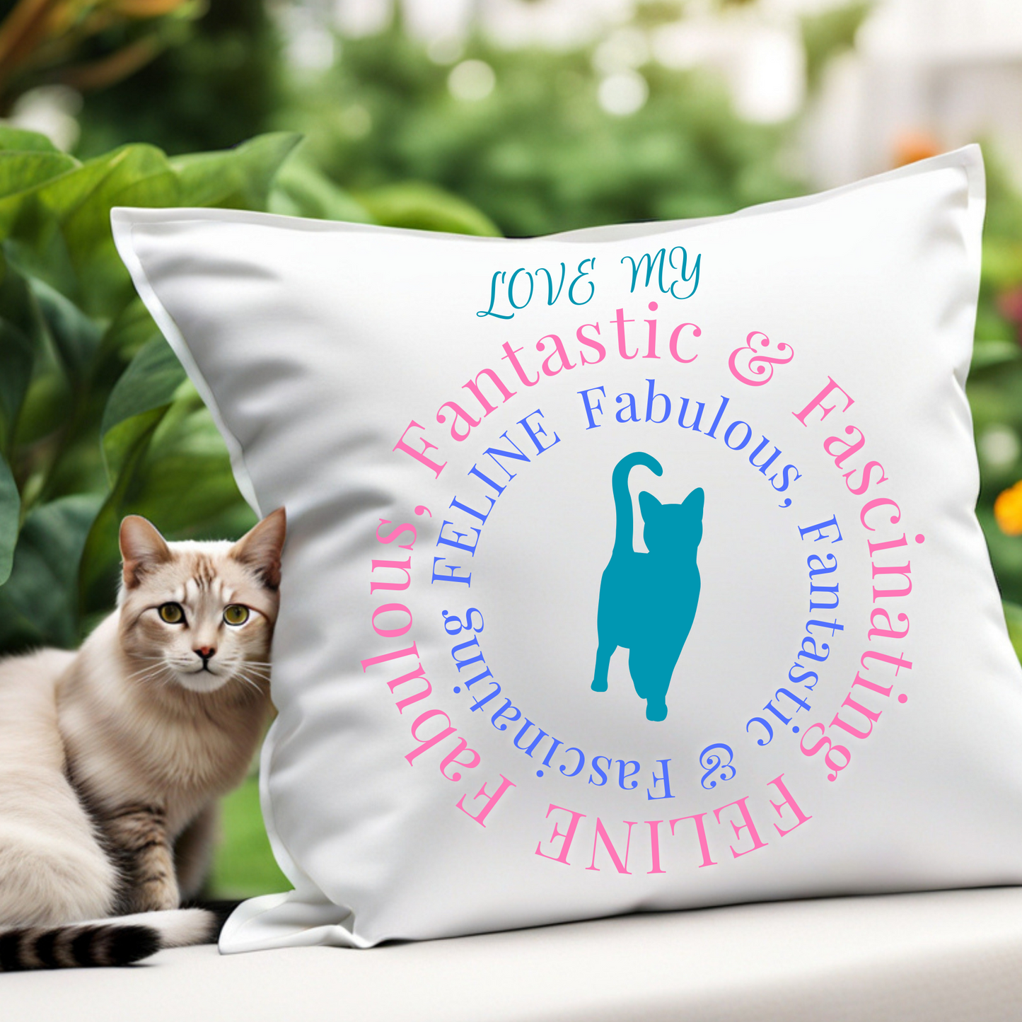 Pet-Lover Patio Pillow, "Fantastic-Fabulous-Fascinating-FELINE" Design, UV- and Mildew-Resistant