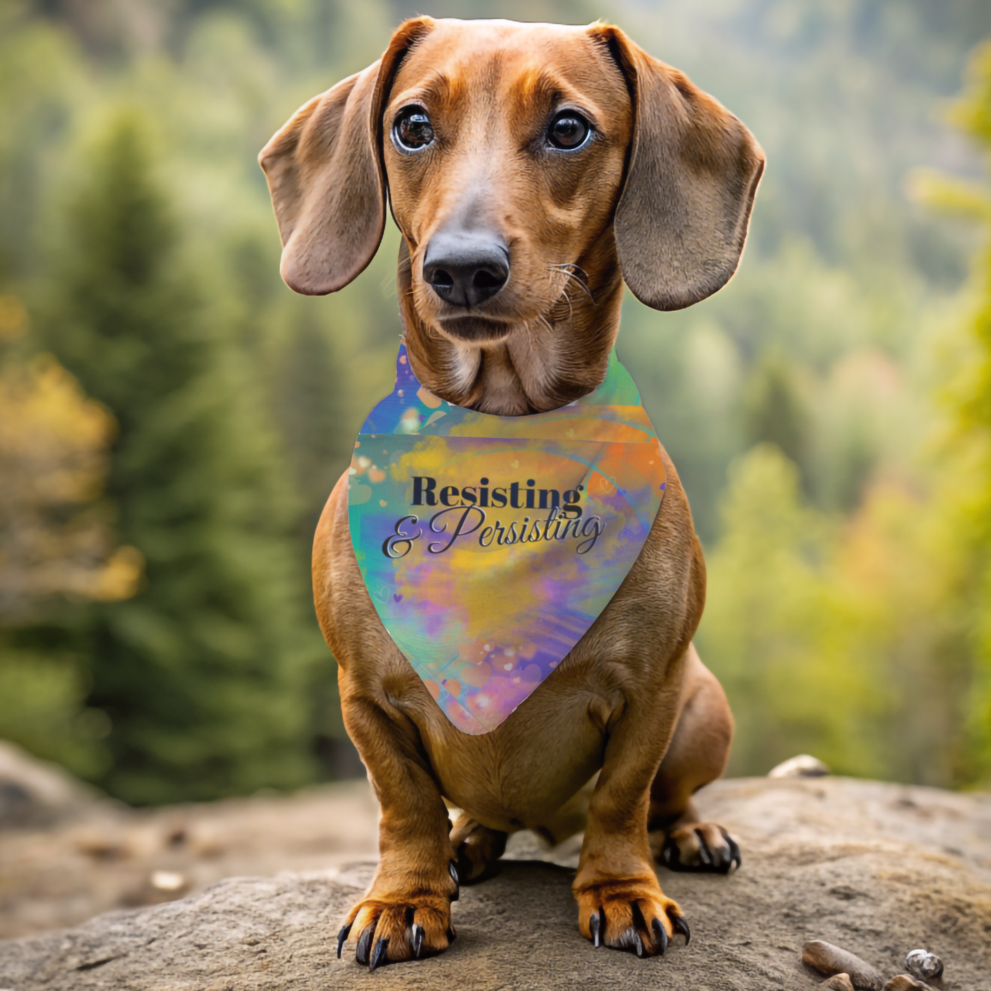 Purple Multicolored PoliticalPups Pet Bandana With "Persisting & Resisting" Protest Slogan, Pretty & Perfect For Peacefully Protesting Dogs Who March With Their Peeps In Anti-Fascism Pro-Democracy Events