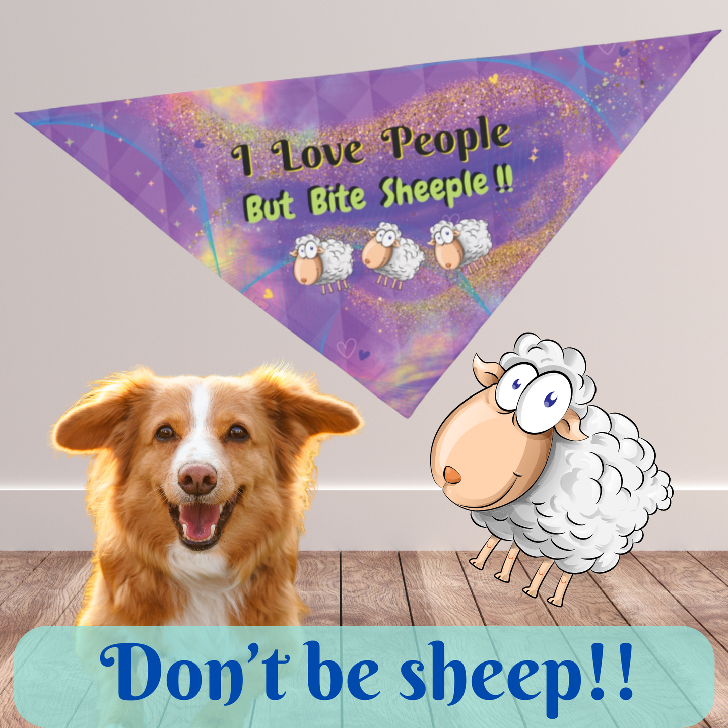Purple "I Love People But Bite Sheeple" Political Pet Bandana, Cute & Clever Sheep Design Encourages Humans To Resist "Group Think" And Fight Fascism, Great For Parties And Pro-Democracy Gatherings