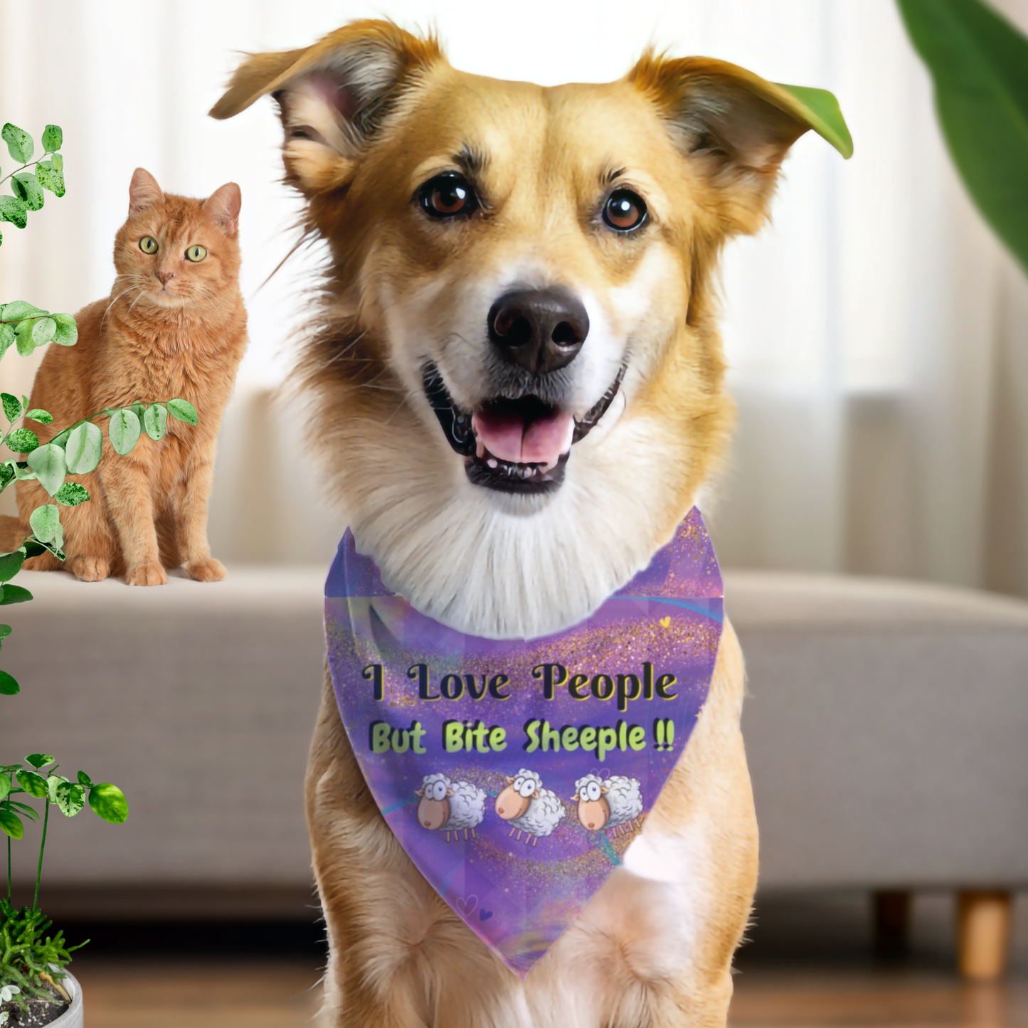 Purple "I Love People But Bite Sheeple" Political Pet Bandana, Cute & Clever Sheep Design Encourages Humans To Resist "Group Think" And Fight Fascism, Great For Parties And Pro-Democracy Gatherings