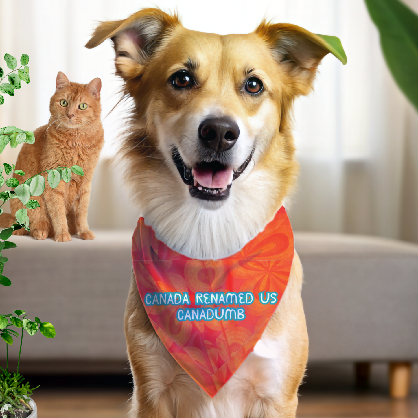 Fun Political Pet Bandana With Humorous "Canadumb" Slogan, Bright Orange Style, Great Gift For Pro-Democracy Dog Moms