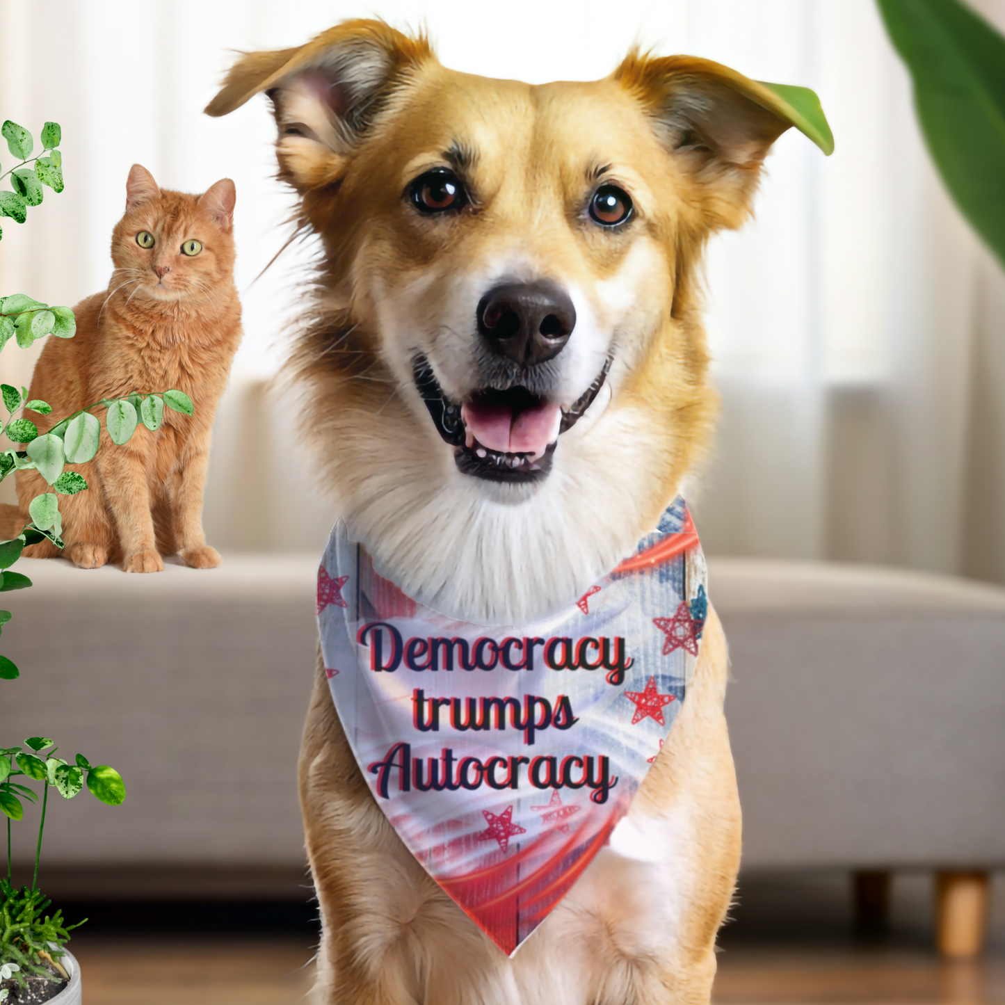 Patriotic Pet Bandana With Positive "Democracy trumps Autocracy" Slogan, Red White And Blue Pro-Democracy Gift For Dog Moms