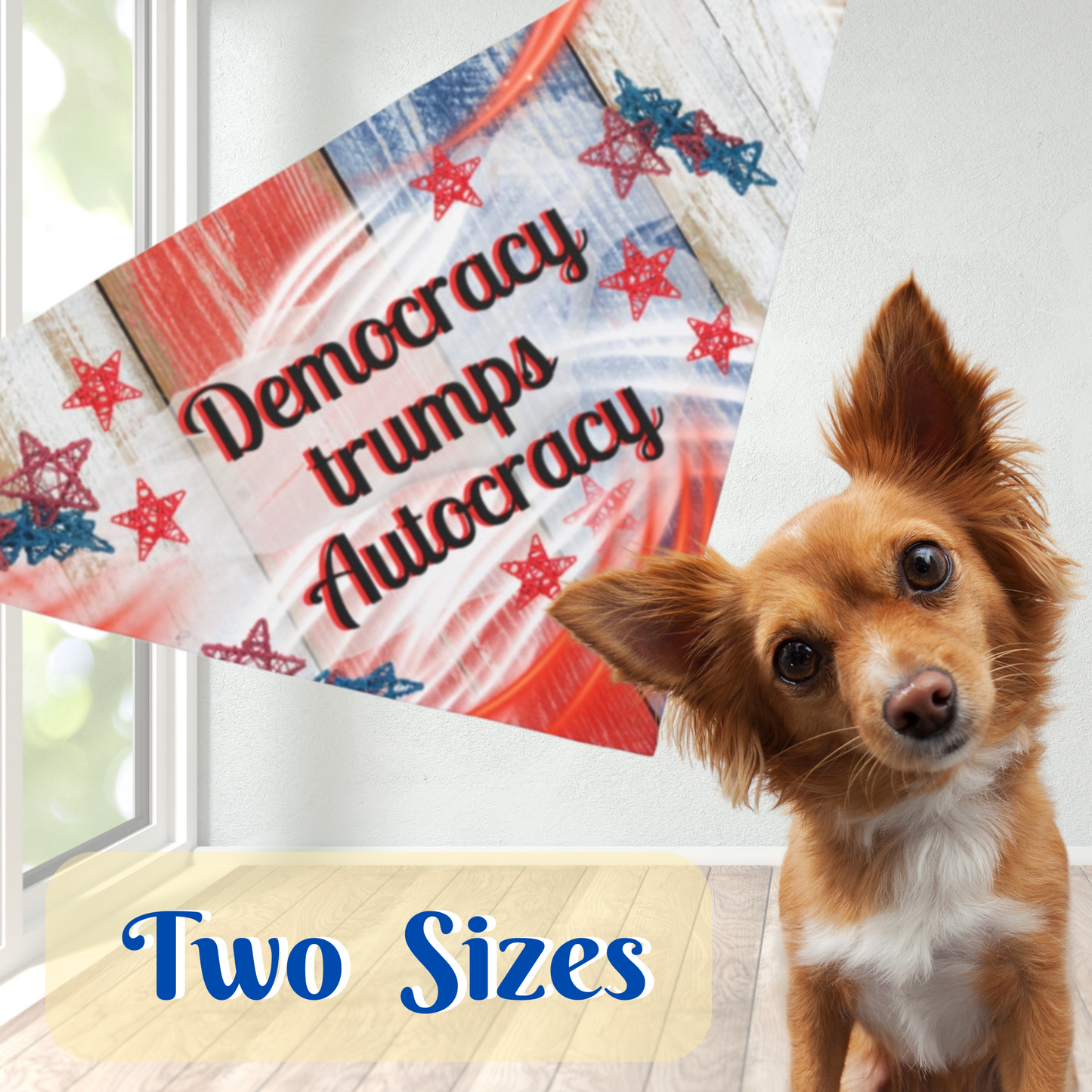 Patriotic Pet Bandana With Positive "Democracy trumps Autocracy" Slogan, Red White And Blue Pro-Democracy Gift For Dog Moms
