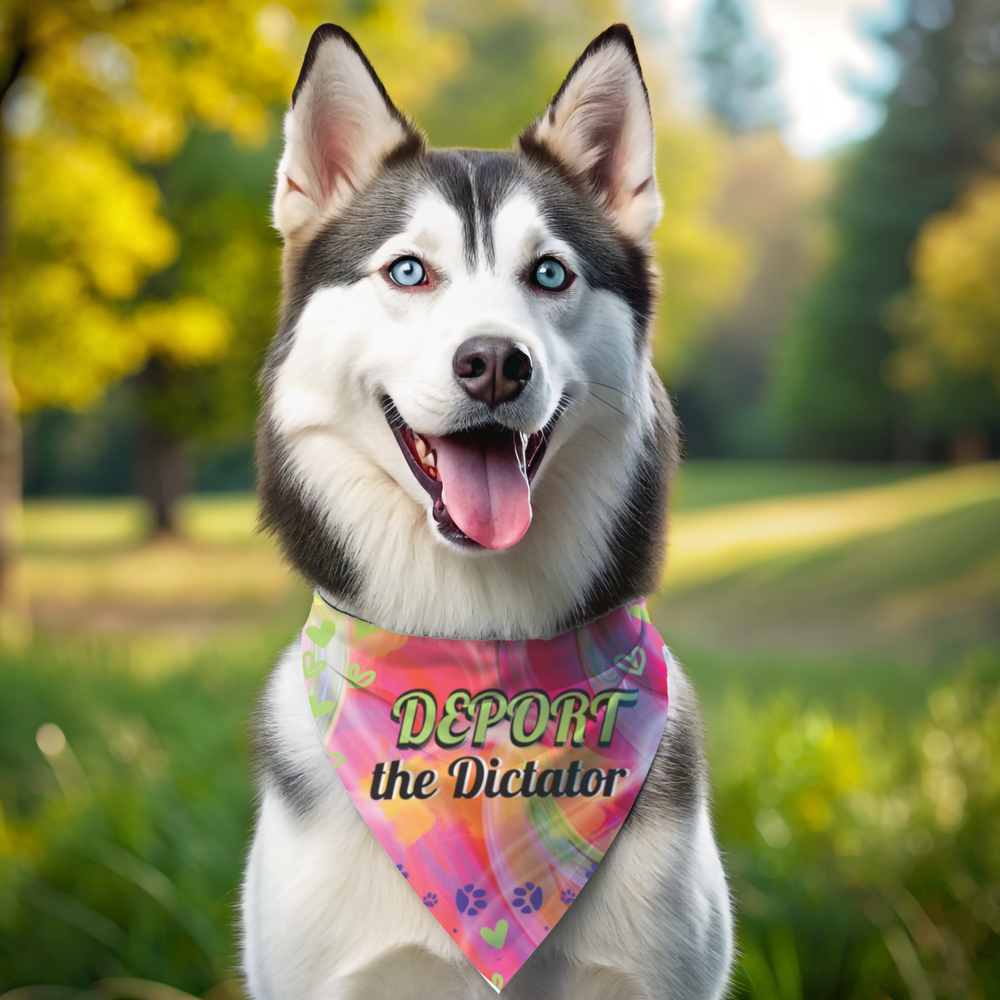 Vibrant Pink Pet Bandana For Political Pups With DEPORT THE DICTATOR Slogan And Attention-Getting Design Great For Peaceful Protests Parties And Dog Park Outings