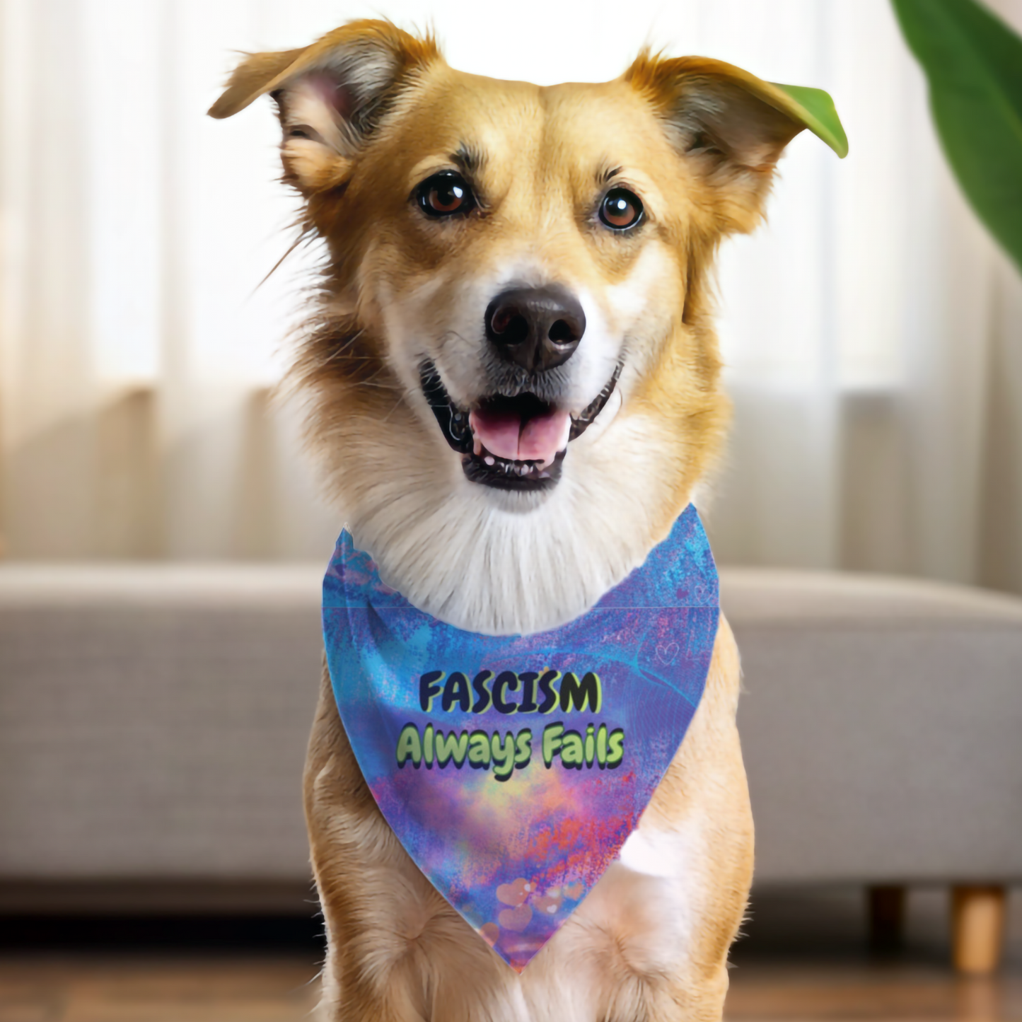 Pro-Democracy Political Pup Pet Bandana With FASCISM ALWAYS FAILS Slogan And Bright Multi-Colored Design Cheerful Protest Pet Accessory Dog Mom Gift For Dog Walks Peaceful Protests Parties