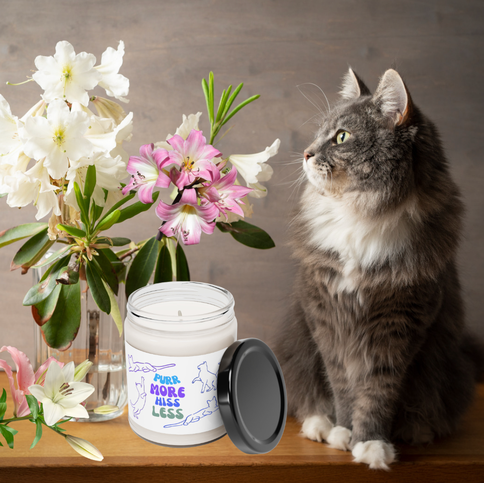 Scented Soy Candle, Unique "Purr More Hiss Less" Cat Lover Sublimation Design, Pet Lover Mom Gift, Kitchen Home Office Decor, 9oz