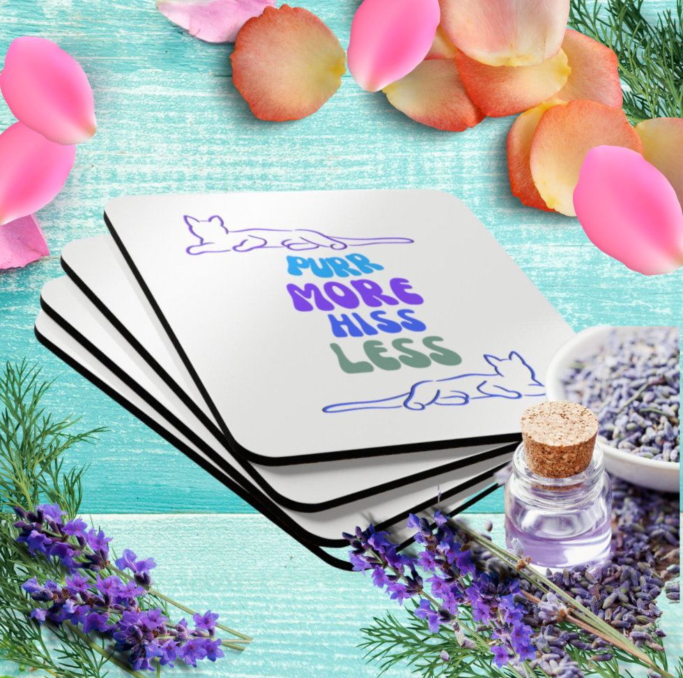 Cat-Lady Coasters, "Purr More Hiss Less" Sublimation Design, Perfect Cat Lover Gift For Mom