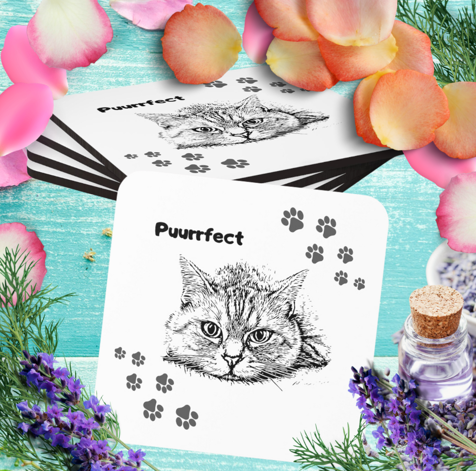 Cat-Lady Coasters, "Puurrfect" Sublimation Design, Cat Themed Gift For Mom, Set of Four