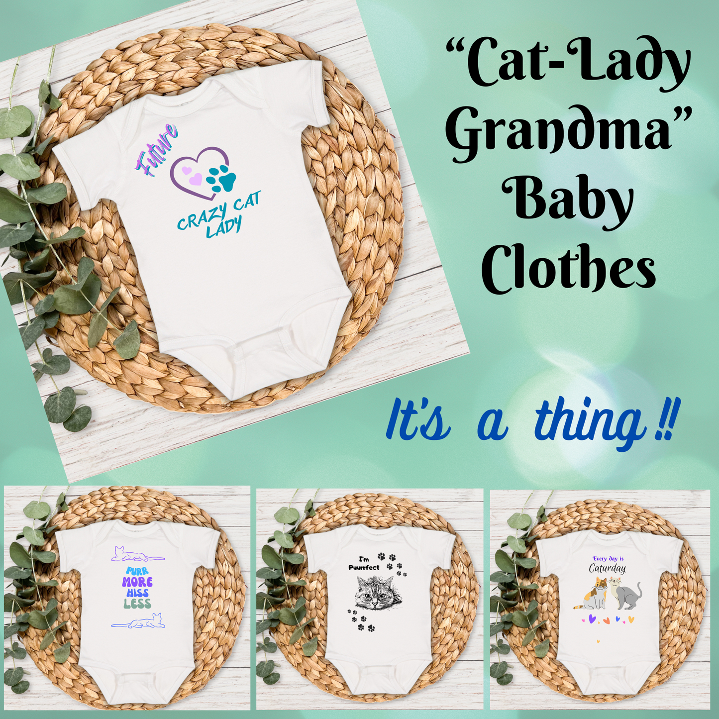 Simple "I'm Puurfect" Design on a CatLadyGrandma Baby Bodysuit, Adorable and Fun Grandma Gift, 4 Colors