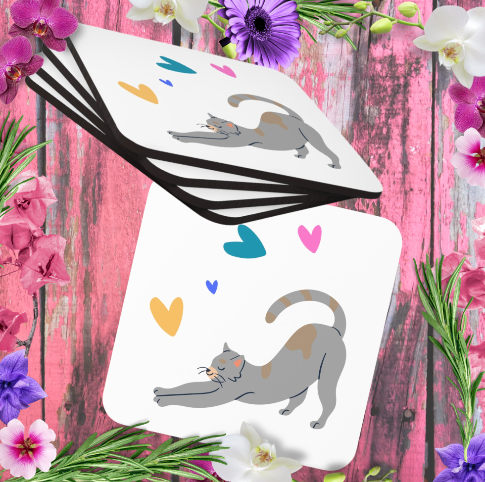 Cat-Lady Coasters, Simple "Cat & Hearts" Sublimation Design, Animal Lover Gift For Cat Mom