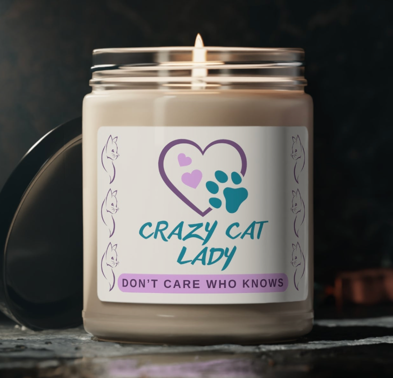 Scented Soy Candle, Fun "Crazy Cat Lady" Sublimation Design, Cat Lover Pet Lover Mom Gift, Kitchen Home Office Decor, Four Fragrances, 9oz