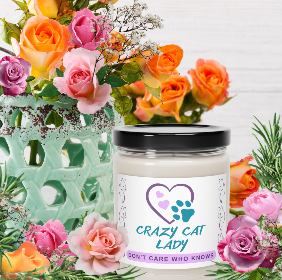 Scented Soy Candle, Fun "Crazy Cat Lady" Sublimation Design, Cat Lover Pet Lover Mom Gift, Kitchen Home Office Decor, Four Fragrances, 9oz