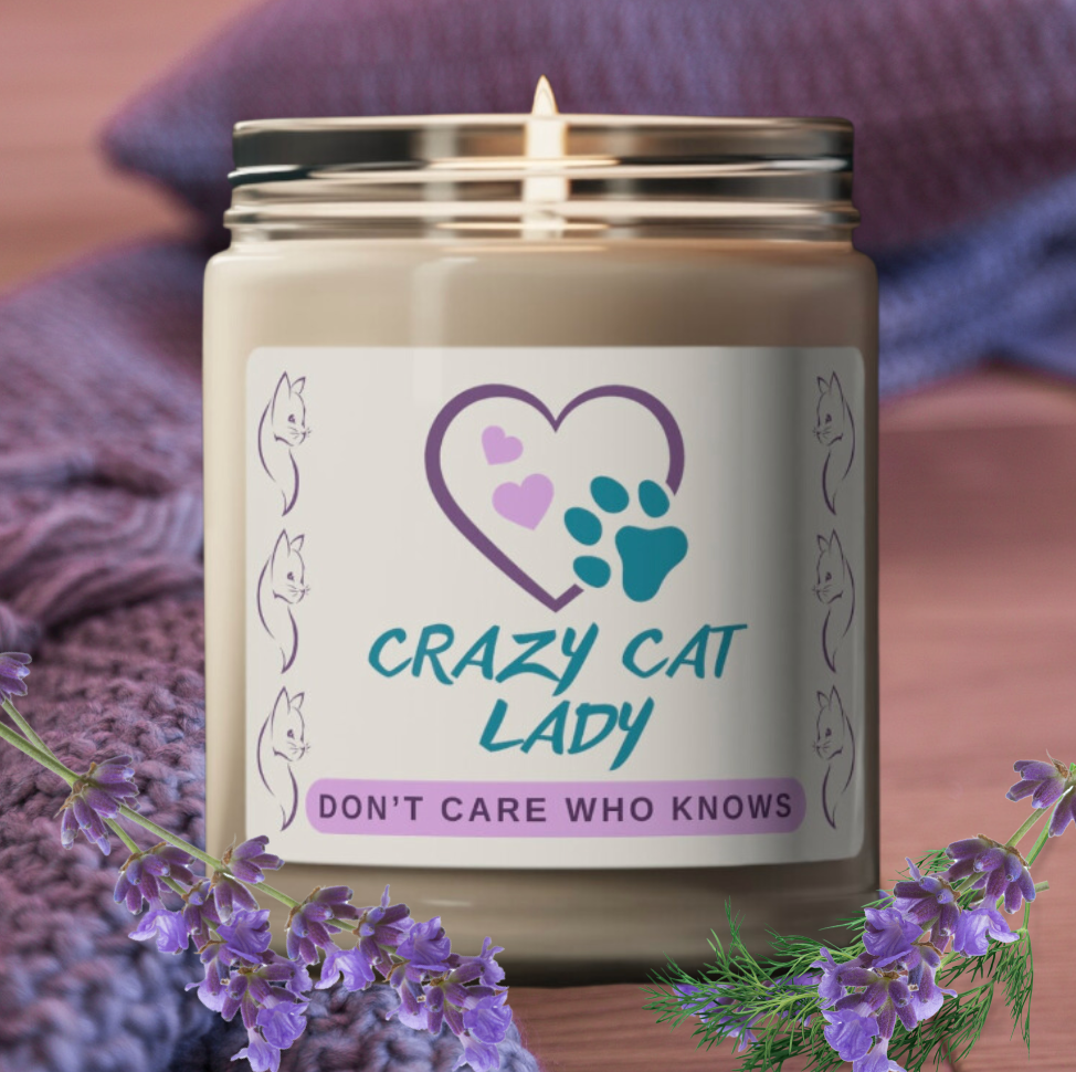 Scented Soy Candle, Fun "Crazy Cat Lady" Sublimation Design, Cat Lover Pet Lover Mom Gift, Kitchen Home Office Decor, Four Fragrances, 9oz
