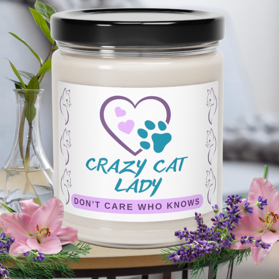 Scented Soy Candle, Fun "Crazy Cat Lady" Sublimation Design, Cat Lover Pet Lover Mom Gift, Kitchen Home Office Decor, Four Fragrances, 9oz