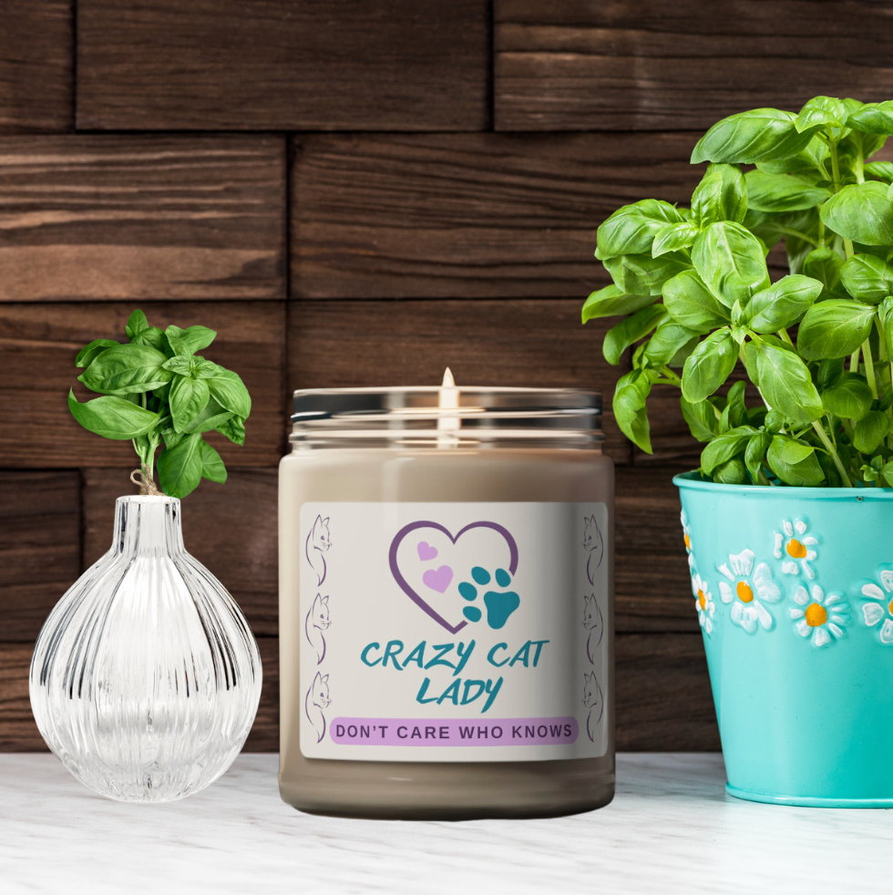 Scented Soy Candle, Fun "Crazy Cat Lady" Sublimation Design, Cat Lover Pet Lover Mom Gift, Kitchen Home Office Decor, Four Fragrances, 9oz