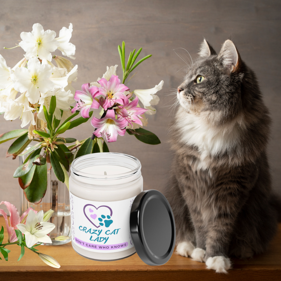 Scented Soy Candle, Fun "Crazy Cat Lady" Sublimation Design, Cat Lover Pet Lover Mom Gift, Kitchen Home Office Decor, Four Fragrances, 9oz
