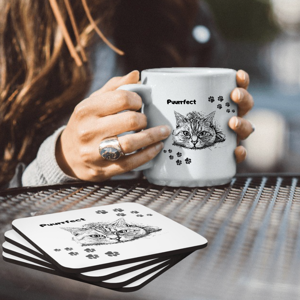 Cat-Lady Coasters, "Puurrfect" Sublimation Design, Cat Themed Gift For Mom, Set of Four