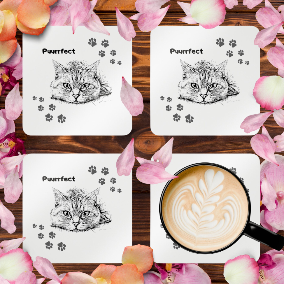 Cat-Lady Coasters, "Puurrfect" Sublimation Design, Cat Themed Gift For Mom, Set of Four