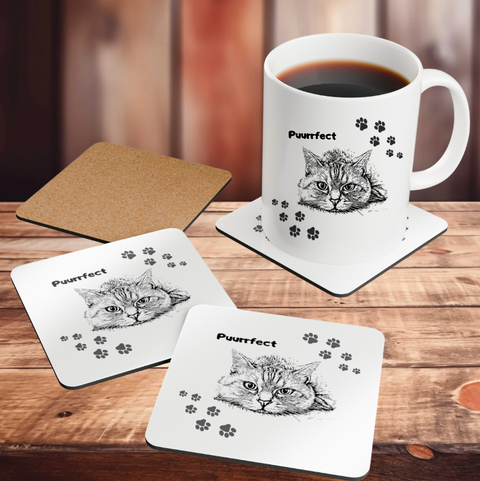 Cat-Lady Coasters, "Puurrfect" Sublimation Design, Cat Themed Gift For Mom, Set of Four