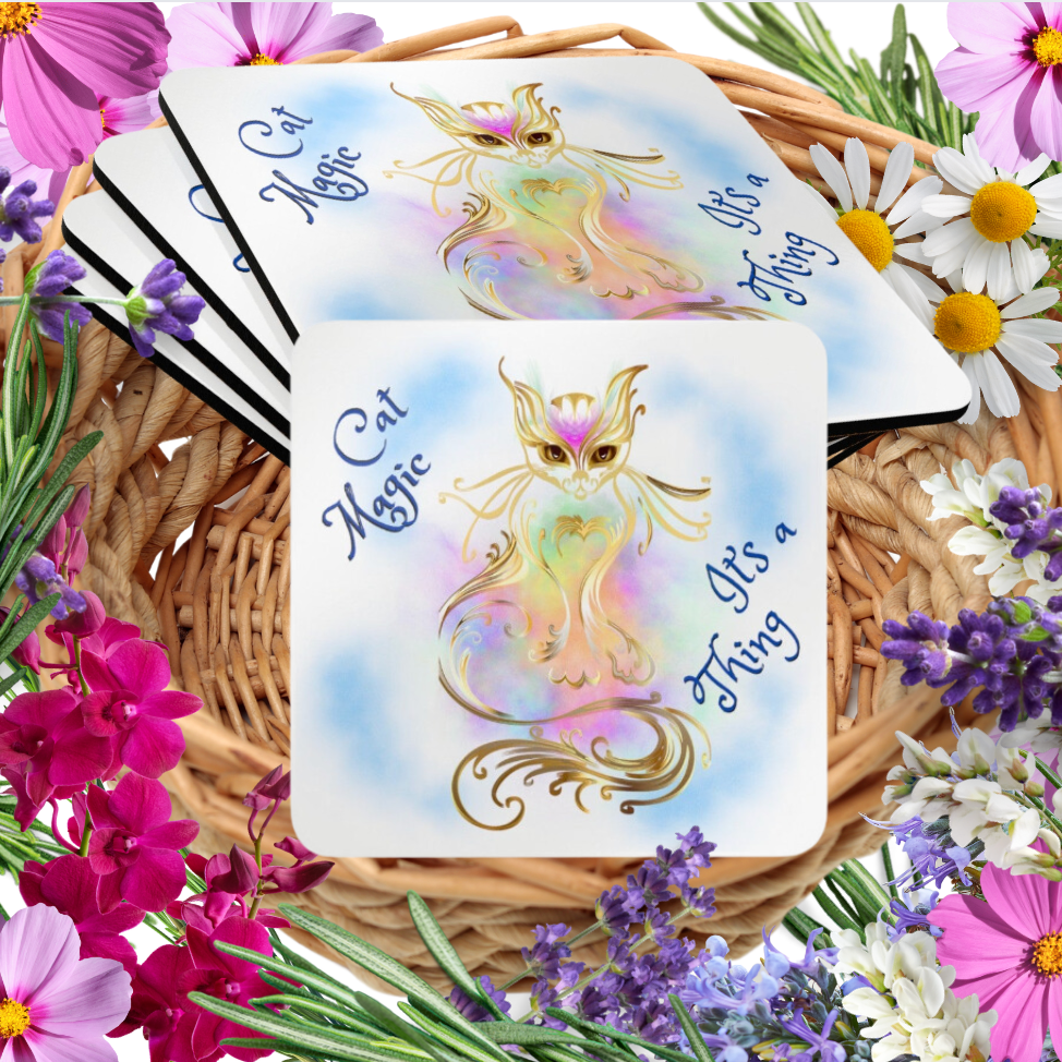 Cat-Lady Coasters, Unique "Cat Magic, It's A Thing" Sublimation Design, Cat Lover Mom Gift, Kitchen and Home Decor, Set of 4