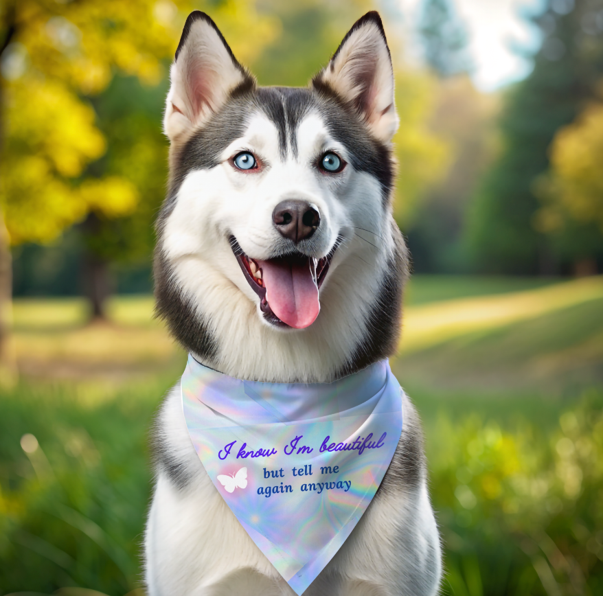 Whimsical "I Know I'm Beautiful" Pet Bandana, Blue Purplish Style, Dog Mom Cat Lady Gift