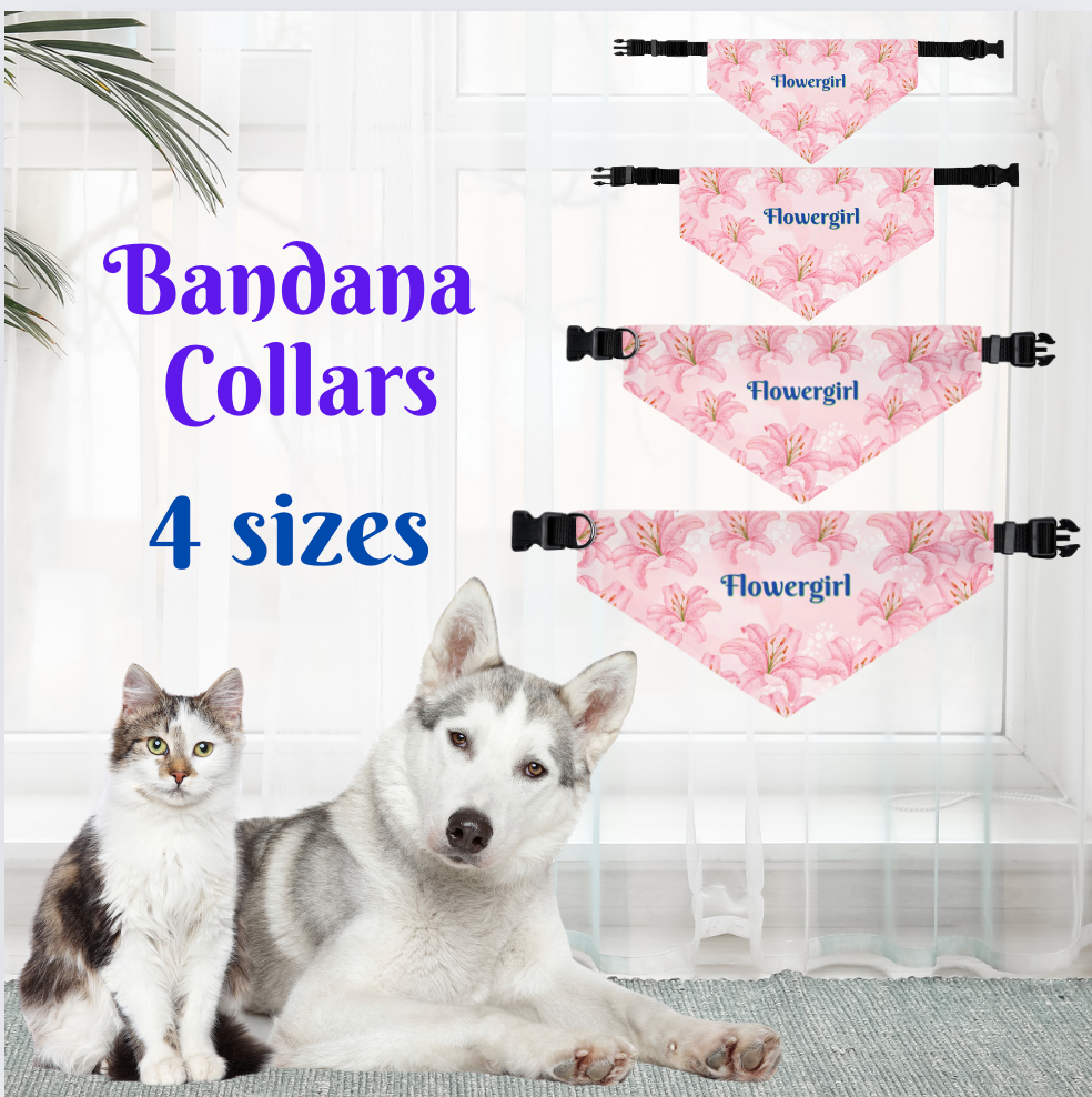 Bridal Bandana COLLAR with Pink Hibiscus "FLOWERGIRL" Style, Engagement Party, Wedding, Cats, Dogs, 4 Sizes