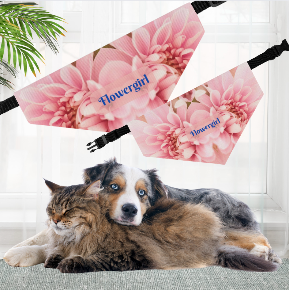Pink Floral Bridal Pet Bandana COLLAR with Classic"Flowergirl" Sublimation Design, Engagement Party Wedding Apparel, Mother of the Bride Gift