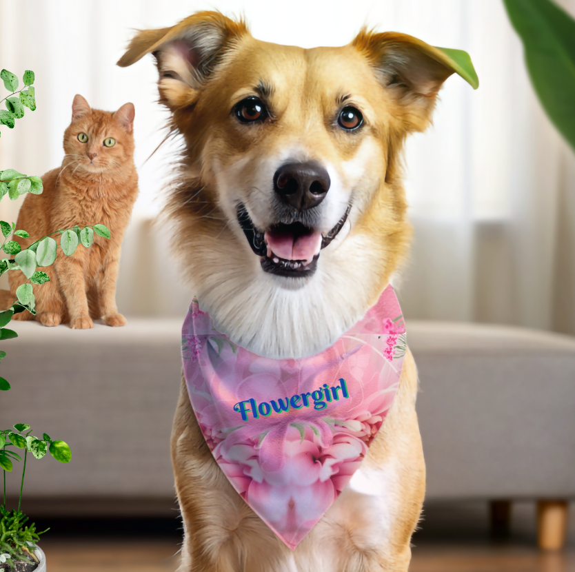 Classic Pink Floral "Flowergirl" Pet Bandana, Bridal Engagement Wedding Pet Fashions, Cat Lady Dog Mom Bride Groom Gift