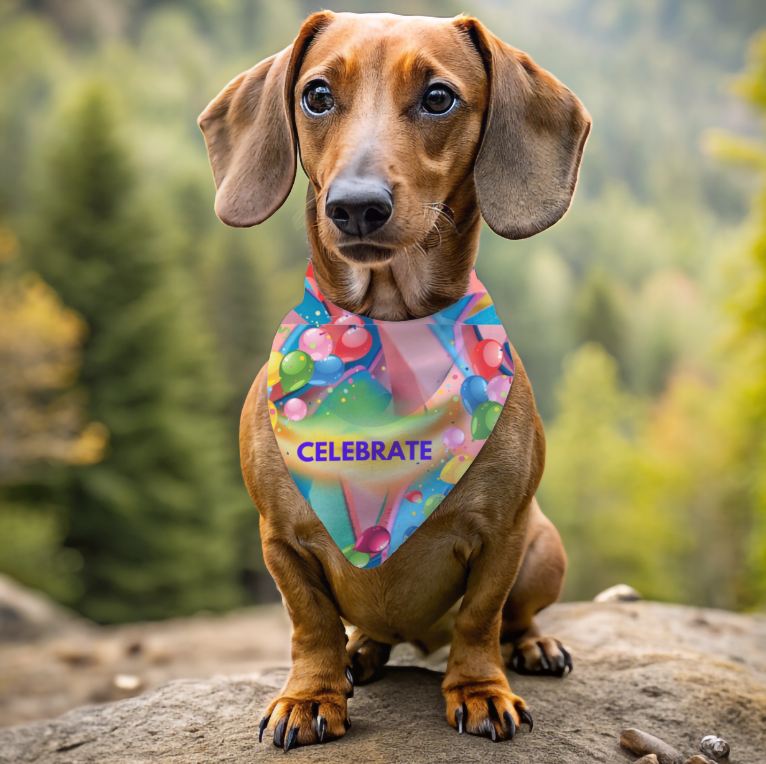 Party Pet Bandana with Colorful "Celebrate" Design, Bright Ribbons and Balloons Birthday Party Design, Special Occasion Pet Apparel Dog Mom Gift