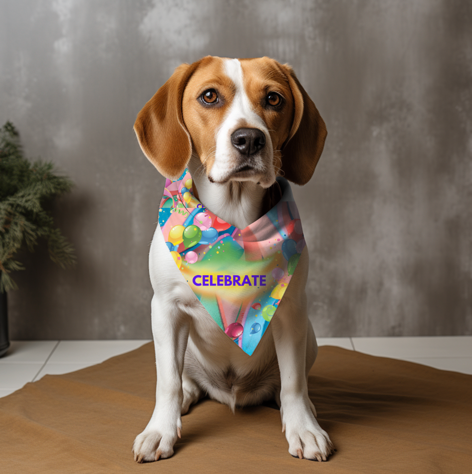 Party Pet Bandana with Colorful "Celebrate" Design, Bright Ribbons and Balloons Birthday Party Design, Special Occasion Pet Apparel Dog Mom Gift