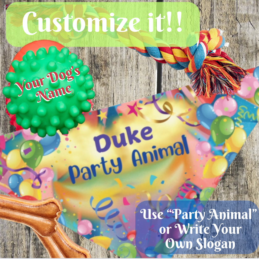 Festive Customizable "Party Animal" Pet Bandana with Fun Balloons & Streamers Design, Personalize Text, Special Occasion Birthday Pet Fashions, Pet Lover Dog Mom Gift