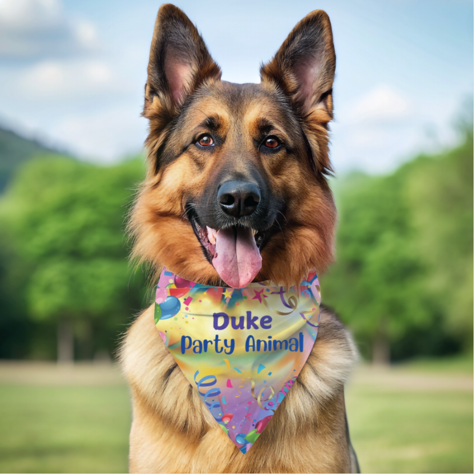 Festive Customizable "Party Animal" Pet Bandana with Fun Balloons & Streamers Design, Personalize Text, Special Occasion Birthday Pet Fashions, Pet Lover Dog Mom Gift