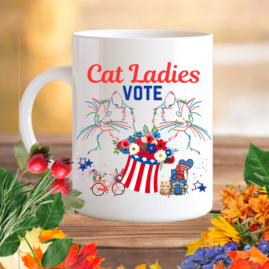 Large, Politely Political "Cat Ladies Vote" Coffee Mug, Unique, Colorful Cat Lover Design and Slogan, Perfect CatLady PetLover Cat Mom Mom Gift for Christmas and Birthdays, 15oz