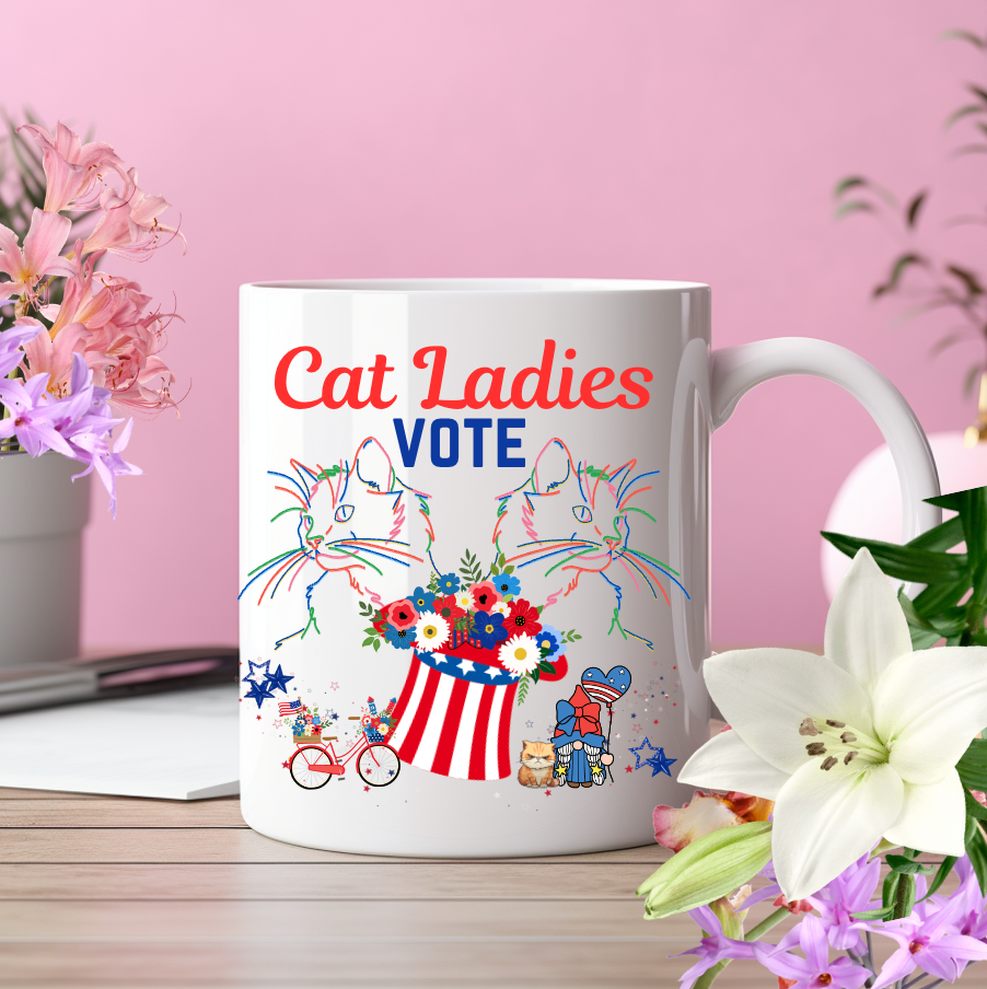 Large, Politely Political "Cat Ladies Vote" Coffee Mug, Unique, Colorful Cat Lover Design and Slogan, Perfect CatLady PetLover Cat Mom Mom Gift for Christmas and Birthdays, 15oz