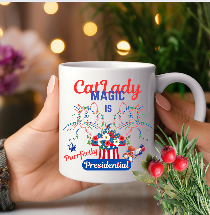 Supersized "Cat Lady Magic" Coffee Mug Has Unique "Purrfectly Presidential" Design and Makes a Fun Political Statement Honoring CatLadies, Perfect Cat Lover Cat Mom Christmas Birthday Gift, 15oz