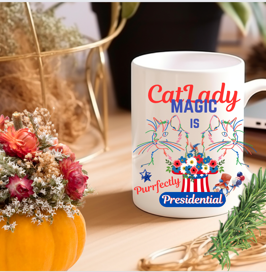 Supersized "Cat Lady Magic" Coffee Mug Has Unique "Purrfectly Presidential" Design and Makes a Fun Political Statement Honoring CatLadies, Perfect Cat Lover Cat Mom Christmas Birthday Gift, 15oz