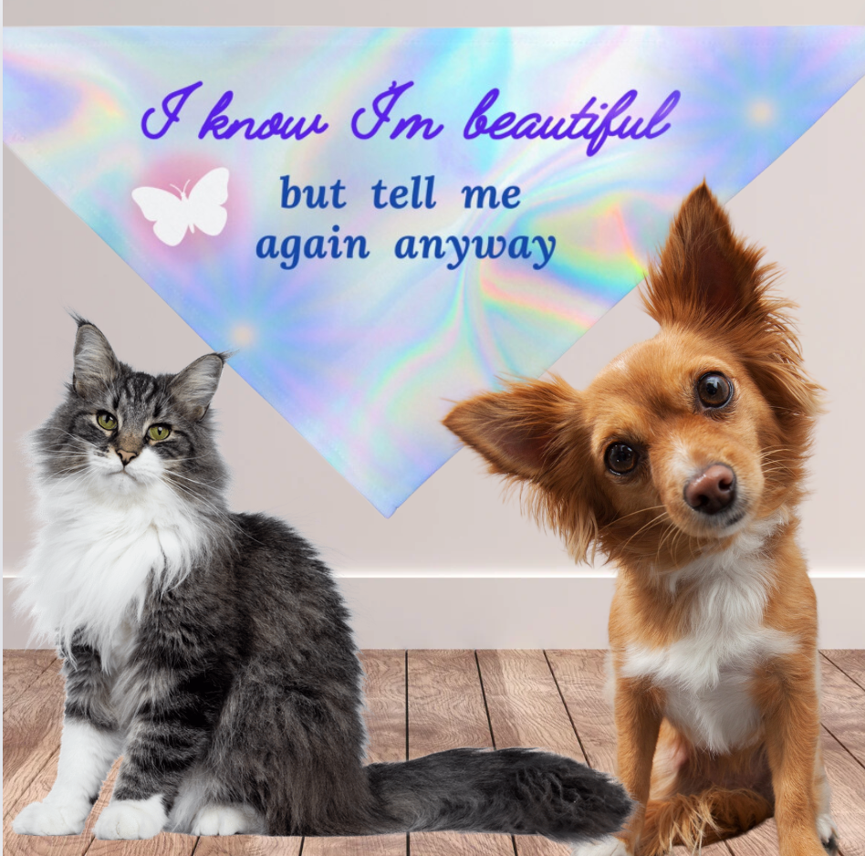 Whimsical "I Know I'm Beautiful" Pet Bandana, Blue Purplish Style, Dog Mom Cat Lady Gift