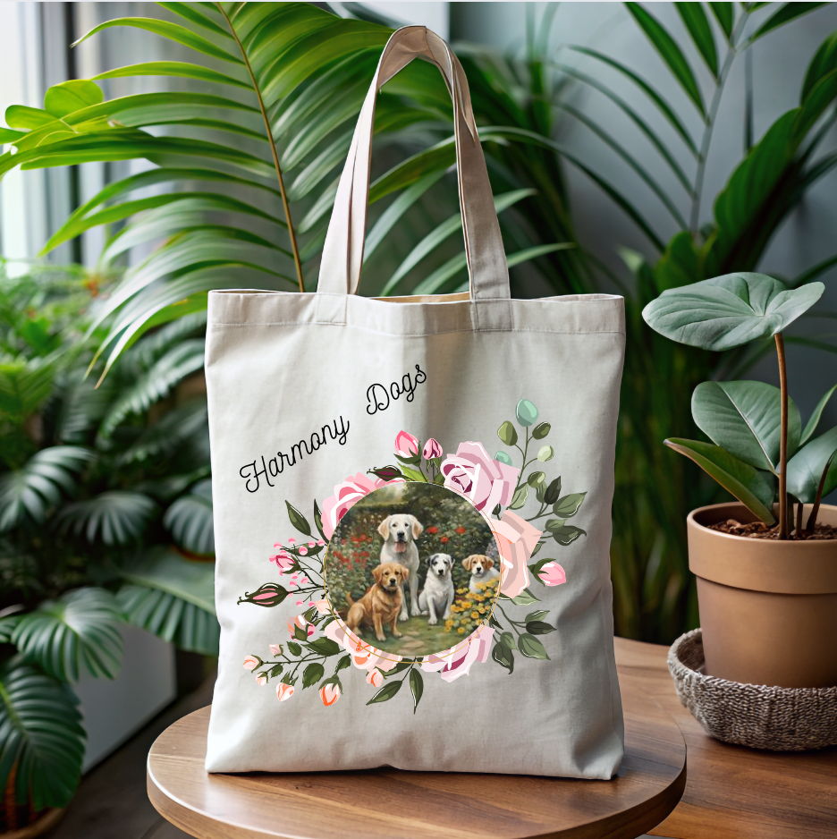 Dog Mom Tote with Fun "Harmony Dogs" Floral Design, Practical & Pretty Reusable Canvas Bag, Dog Lover Mom Gift